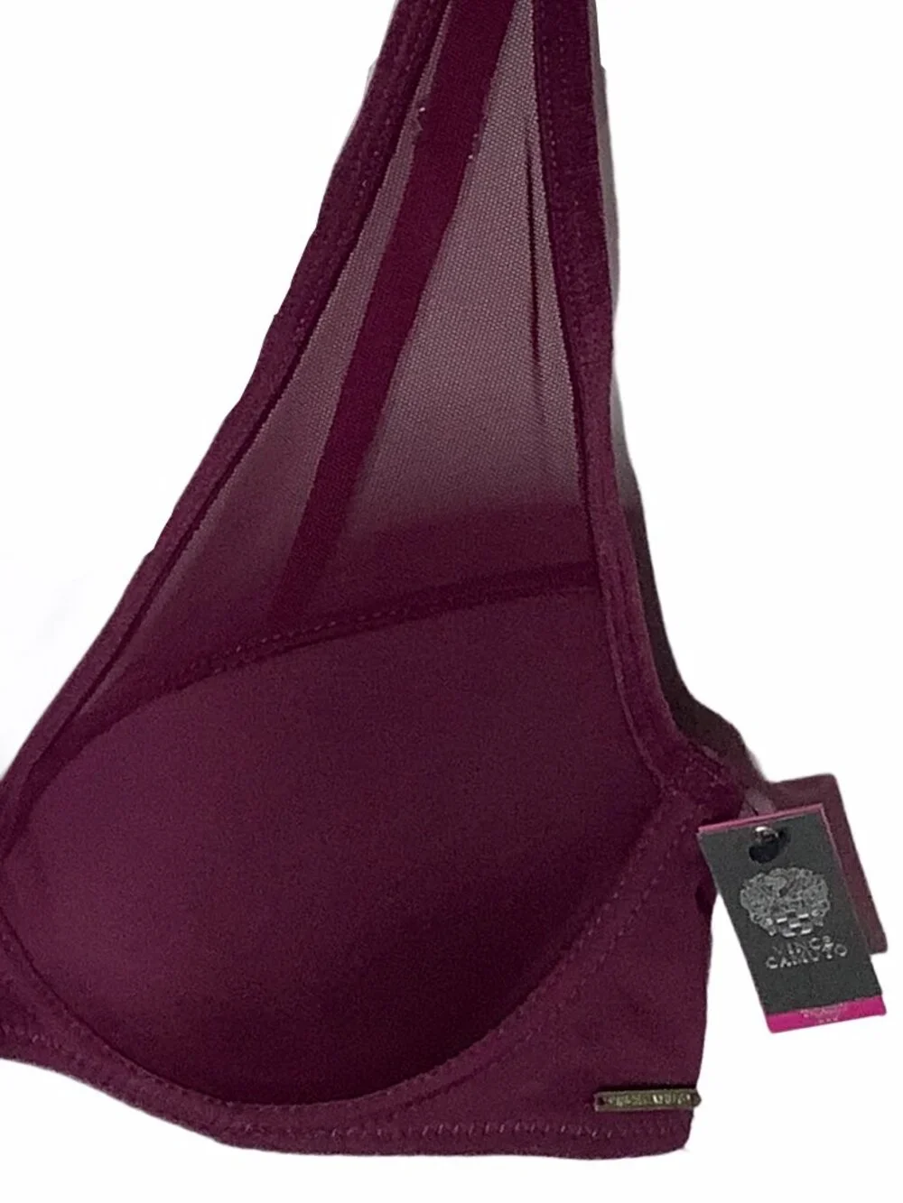 NWT Vince Camuto T-Shirt Bra Logo Mesh Panel 34C Lined Burgundy Red UW VC051156